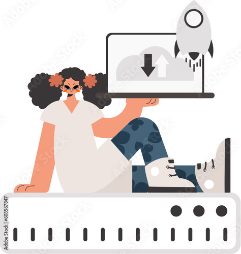 The young lady is holding a portable workstation, which is synchronized with the information capacity. Separated. Trendy style, Vector Illustration