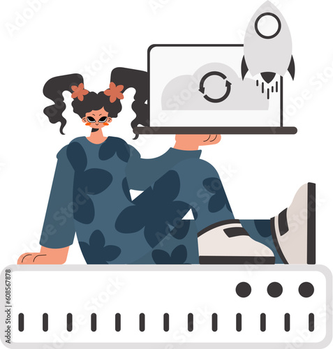 The youthful woman is holding a convenient workstation, which is synchronized with the data capacity. Isolated. Trendy style, Vector Illustration