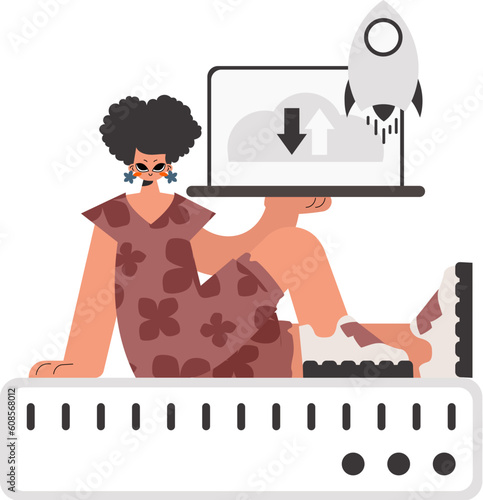 The exuberant lady is holding a obliging workstation, which is synchronized with the information capacity. Kept. Trendy style, Vector Illustration