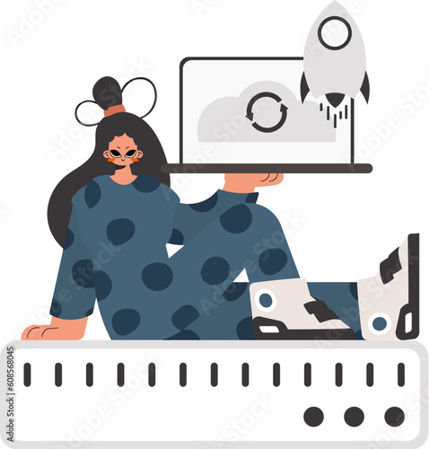 The overflowing woman is holding a obliging workstation, which is synchronized with the data capacity. Kept. Trendy style, Vector Illustration