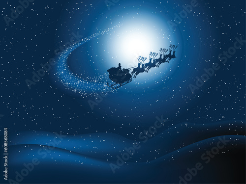 Silhouette of santa flying through the snowy night sky with starry trail