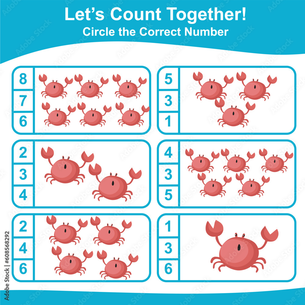 Let’s counting the crabs together and circle the correct number on the page. Educational printable math worksheet. Math game for children with cute sea animals character. Vector illustration file. Let’s counting the crabs together and circle the correct number on the page. Educational printable math worksheet. Math game for children with cute sea animals character. Vector illustration file.