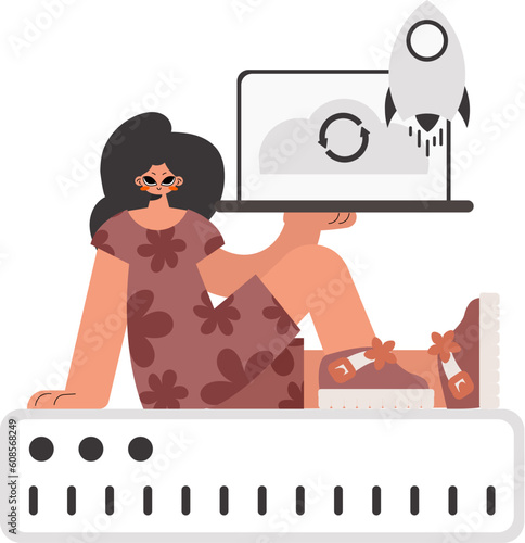The flooding woman is holding a obliging workstation, which is synchronized with the data capacity. Kept. Trendy style, Vector Illustration