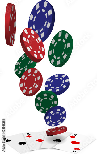 Playing Cards - Four Aces and Poker Chips On White Background