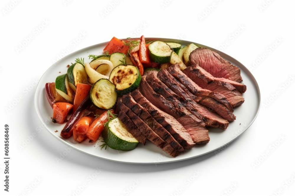 Grilled beef slices and chopped vegetables isolated on .Generative AI Grilled beef slices and chopped vegetables isolated on .Generative AI