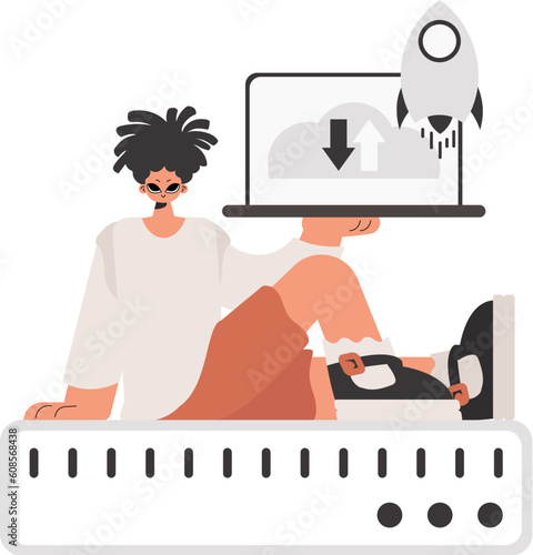The person is holding a tablet, which is synchronized with the information capacity. Confined. Trendy style, Vector Illustration