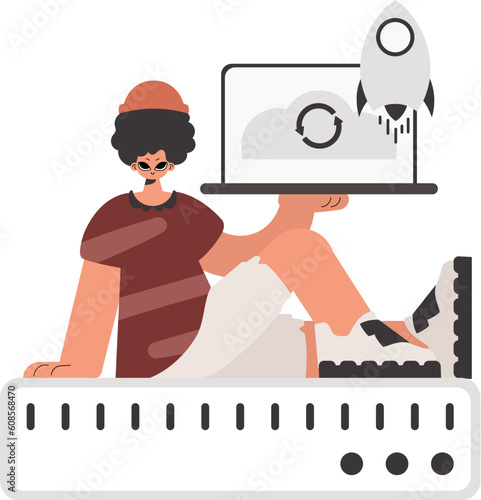 The individual is holding a tablet, which is synchronized with the data capacity. Limited. Trendy style, Vector Illustration