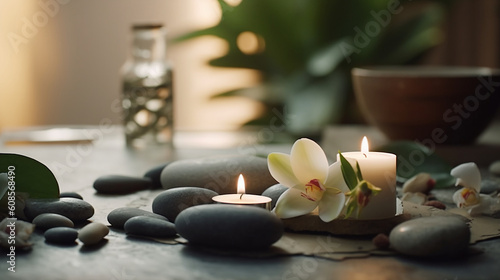 A relaxing spa scene with a hot stone massage, soothing music, and calming visuals generative AI