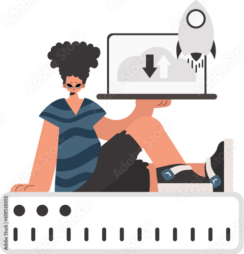 The person is holding a tablet, which is synchronized with the information capacity. Restricted. Trendy style, Vector Illustration