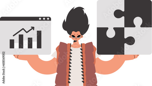 The person is holding a trance and a positivegrade chart. Thought bunch work. Obliged. Trendy style, Vector Illustration