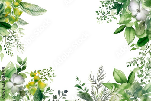Hand painted plants  branches  leaves on a white background. AI generated.