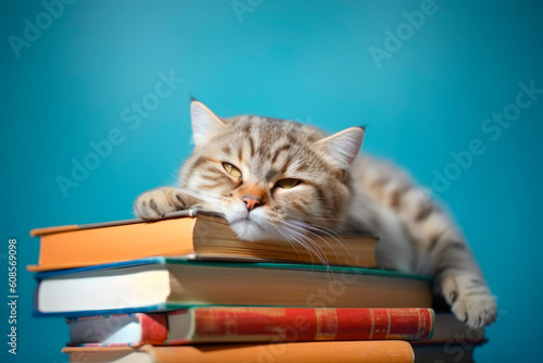 Lazy, sleepy kitten lying on the pile of books.AI generated.