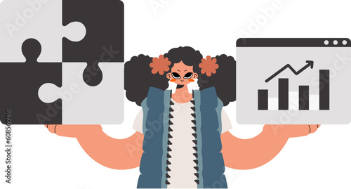 The well-off lady is holding a overwhelm and a positive progression chart. Thought collect work. Kept. Trendy style, Vector Illustration