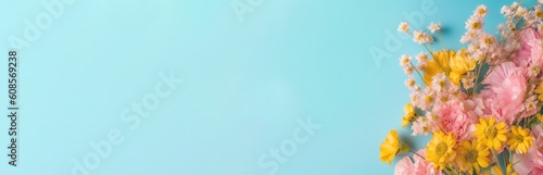 Festive spring flowers on blue background. Top view. Copy space. Birthday, Mother's, Valentines, Women's, Wedding Day concept. Generative AI