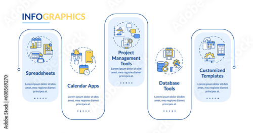 Editorial calendar tools rectangle infographic template. Content plan. Data visualization with 5 steps. Editable timeline info chart. Workflow layout with line icons. Lato-Bold, Regular fonts used