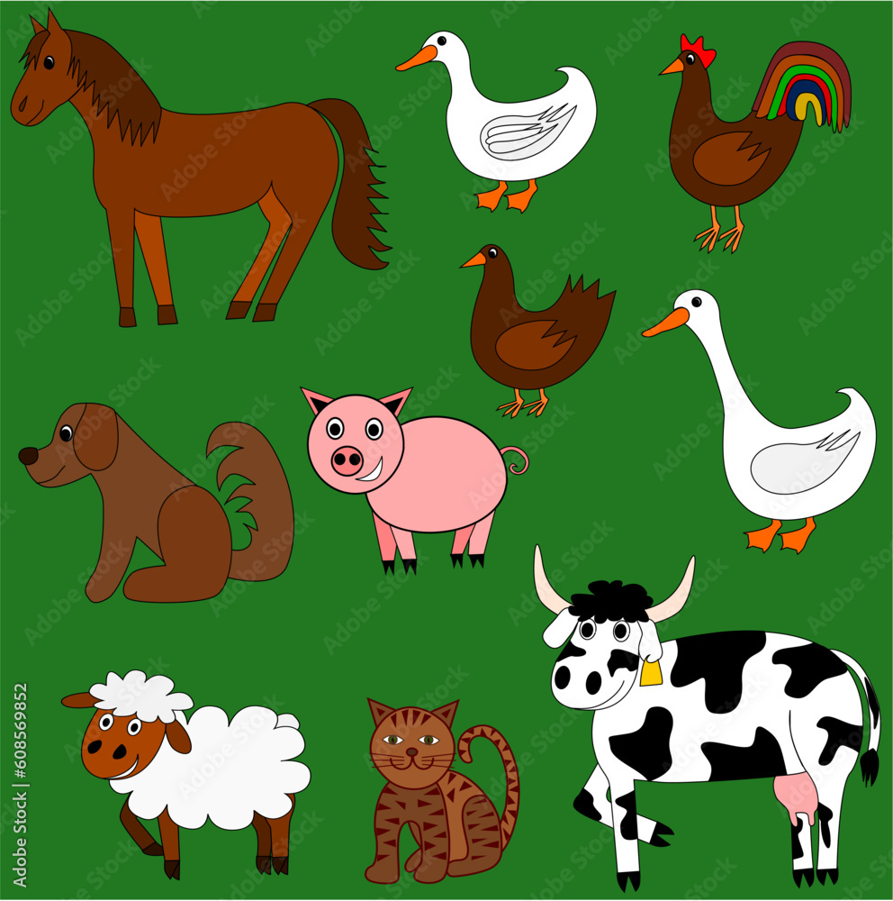 Naklejka premium Illustration of cute farm animals with green background