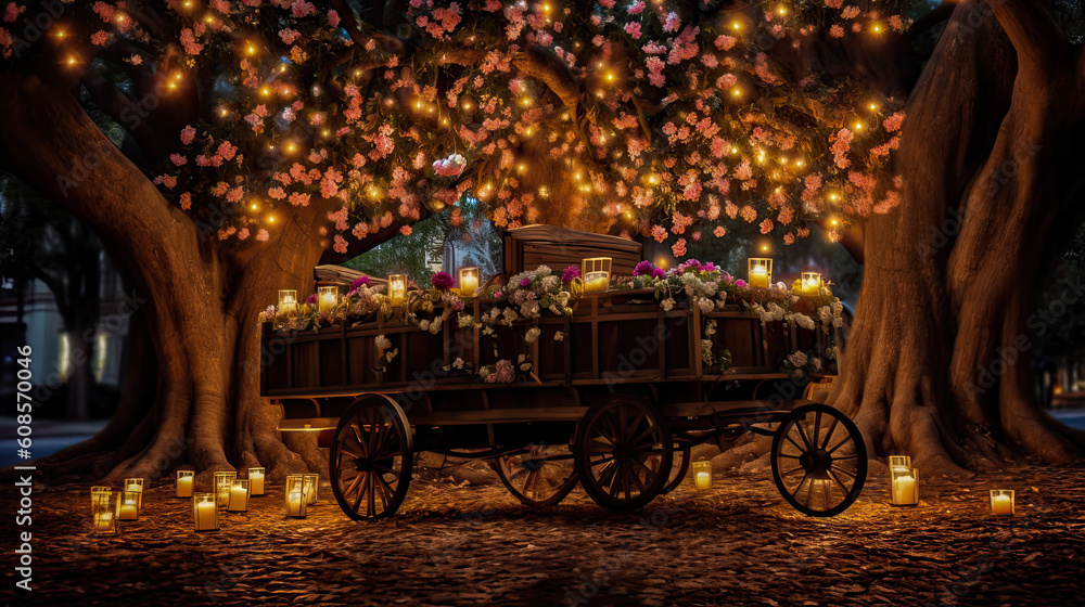 Halloween horse carriage with pumpkin and candles in the park