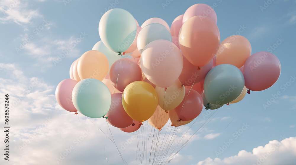 Pastel colors balloons on sky background. Generative AI