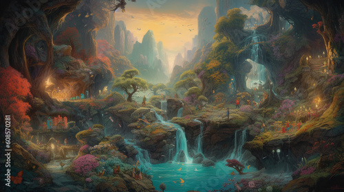 Mythical creatures, fairytale landscapes, and magical symbols together. Generative AI