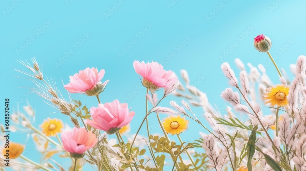 Festive spring flowers on blue background. Top view. Copy space. Birthday, Mother's, Valentines, Women's, Wedding Day concept. Generative AI Festive spring flowers on blue background. Top view. Copy space. Birthday, Mother's, Valentines, Women's, Wedding Day concept. Generative AI