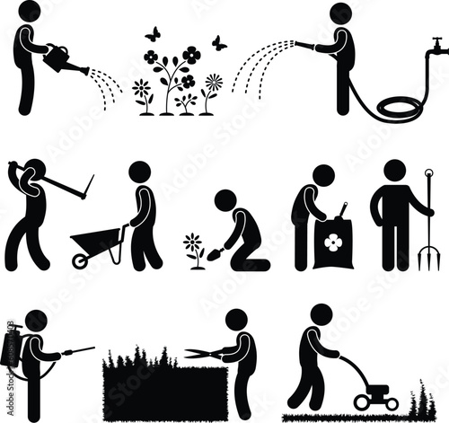 A set of human figure and gardener working on a garden.