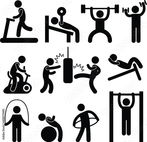 A set of human figure showing workout and training in a gym room.