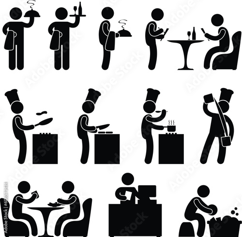 A set of human figure and pictogram showing scenarios of a restaurant.