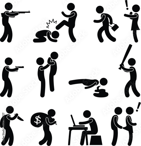 A set of human figure and pictogram representing violence and crime.