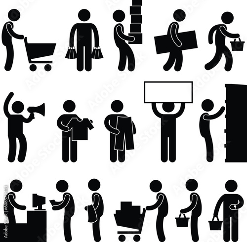 A set of human figure shopping and buying stuff.