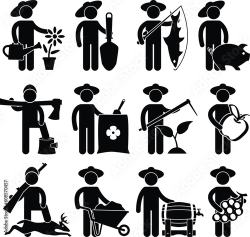 A set of village job that includes farmer, hunters and fermentator in pictogram.