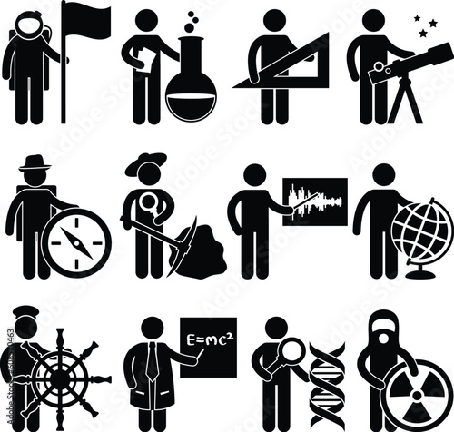 A set of scientist and explorer job and occupation in pictogram.