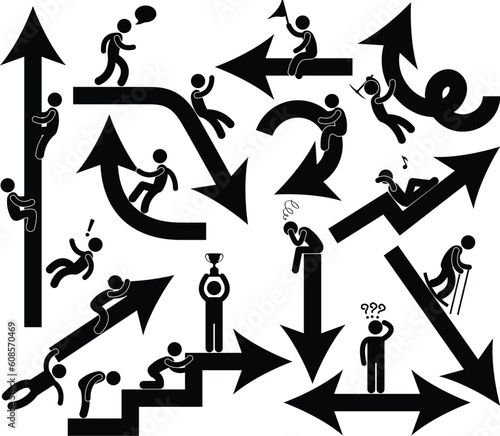 A set of business direction and metaphors represented by arrows and human figure.