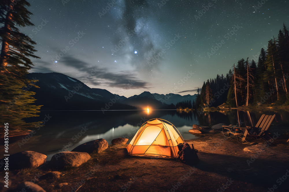 Summer camping trips, beauty of serene lakes, towering mountains, and starry night skies, campfires crackle and stories unfold, Generated AI