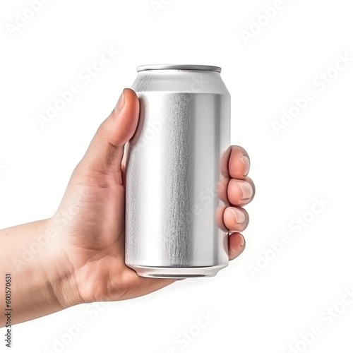 Hand holding soda cans mockup isolated on white AI Generative