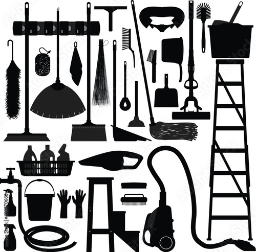 A set of domestic household cleaning and washing equipment.