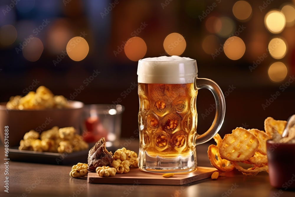 Portrait a glass of beer with foods on the table AI Generative Portrait a glass of beer with foods on the table AI Generative