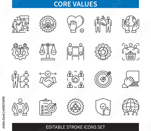 Editable line Core values outline icon set. Society, teamwork, ethic, innovations, leadership, responsibility, commitment, support. Editable stroke icons EPS