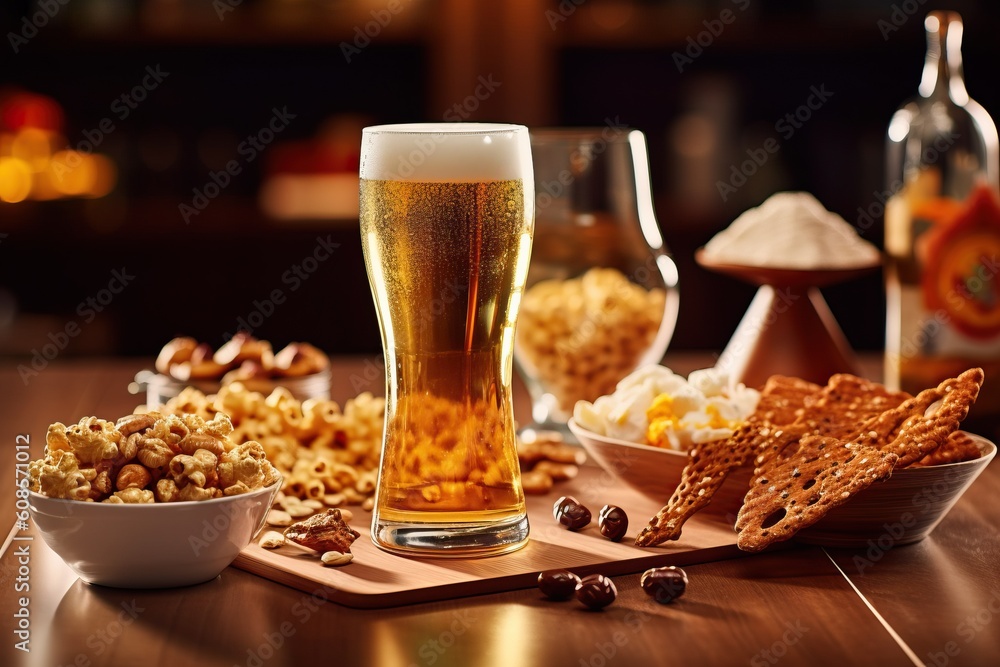 Portrait a glass of beer with foods on the table AI Generative Portrait a glass of beer with foods on the table AI Generative