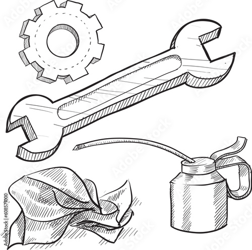 Doodle style mechanic or car maintenance vector illustration with oil can, wrench, gear, and rag