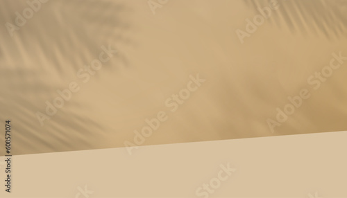 3d Beige Studio background display with coconut plam leaves shawdow leaves overlay on cement wall room,Concept for Organic Cosmetic product presentation,Sale,Online shop in Summer,Fall,Autumn