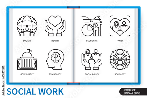 Social work infographics elements set. Society, psychology, social policy, sociology, health, economics, family, government. Web vector linear icons collection