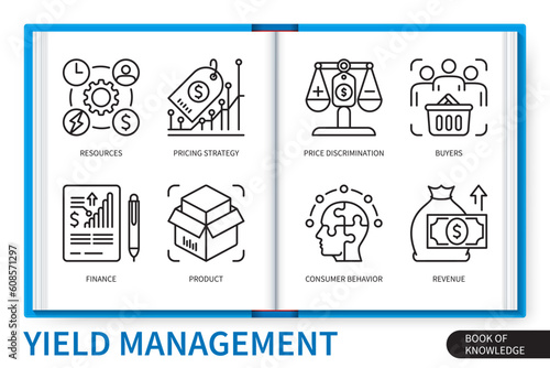 Yield management infographics elements set. Resources, prising strategy, consumer behaviour, product, buyers, finance, price discrimination, revenue. Web vector linear icons collection