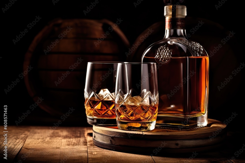 Portrait a glass of whiskey on the wooden table with barrel background AI Generative Portrait a glass of whiskey on the wooden table with barrel background AI Generative