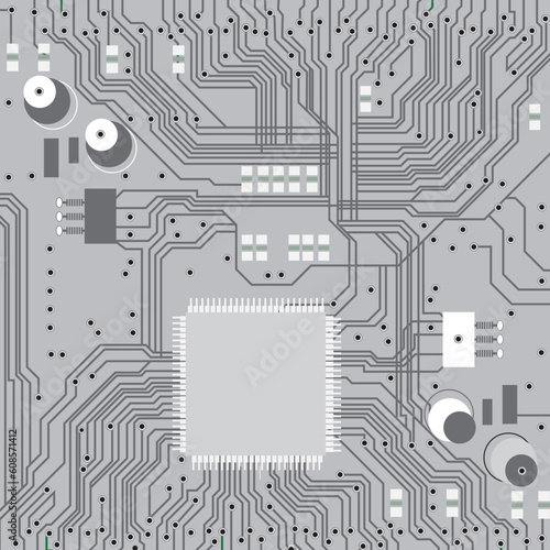 Electronic circuit board vector with chip, technology, microchip background