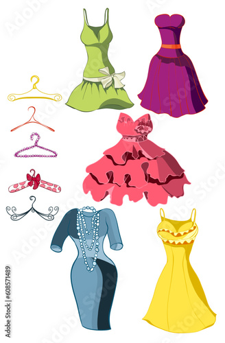 Set of bright dresses and coat racks. Vector illustration