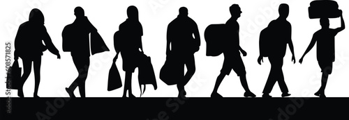 Group of migrants walking full size silhouette design. vector-eps10. 