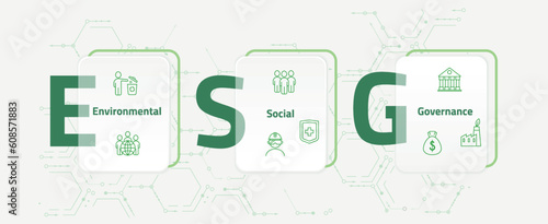 ESG. Environmental, Social and Governance. Banner, vector illustration on a green background. The concept of responsible business.