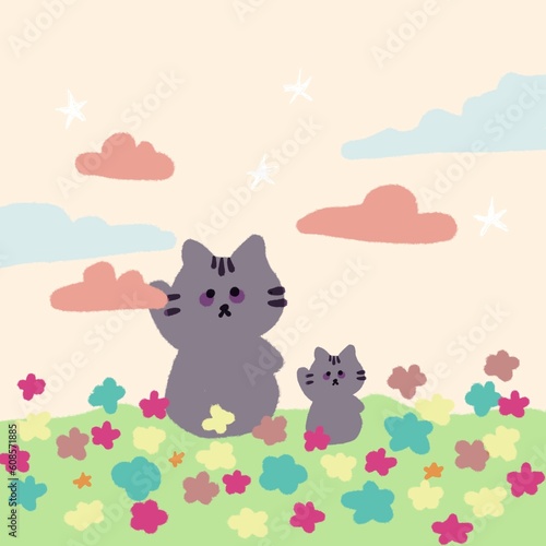 Mother cat and kitten sit on a meadow full of colorful flowers. vector illustration