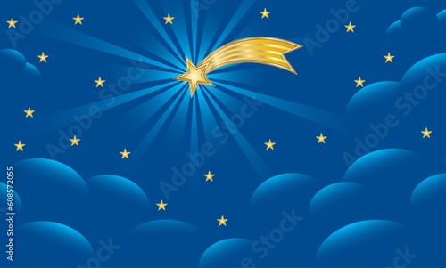 Background for Christmas nativity scene with the Star of Bethlehem on blue night sky