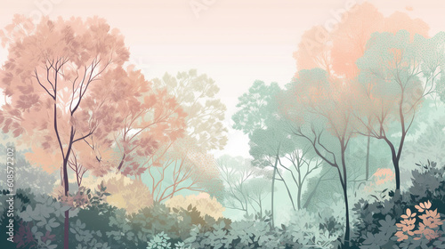 Forest wallpaper background in pastel colors. Generative AI